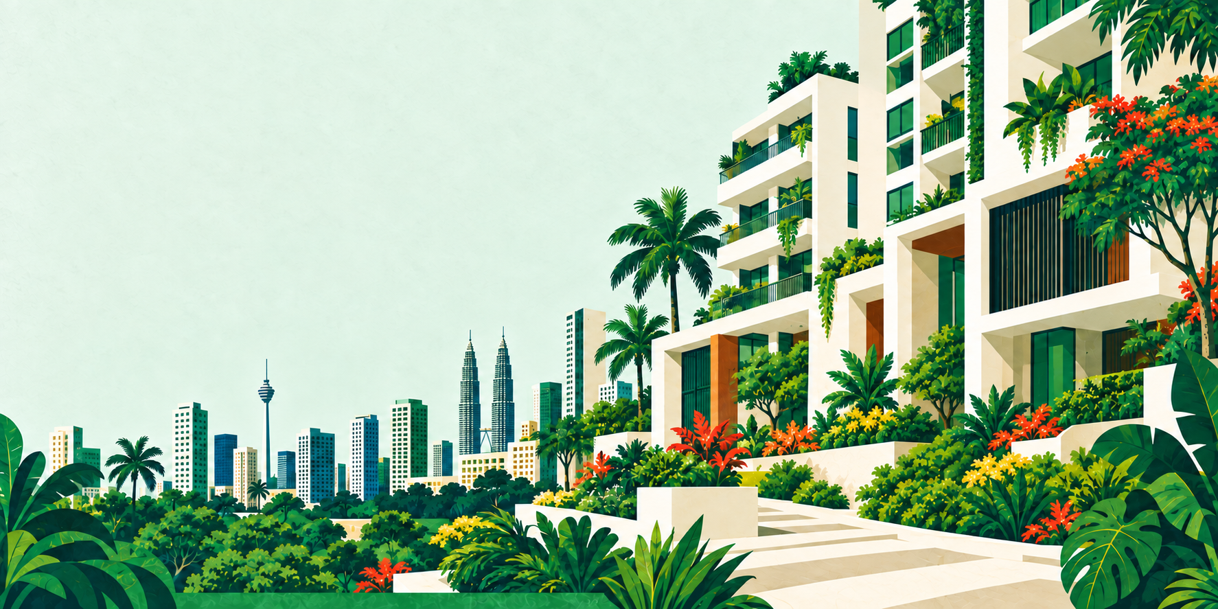 Tropical Kuala Lumpur apartments with landscaped gardens and mint-green architecture