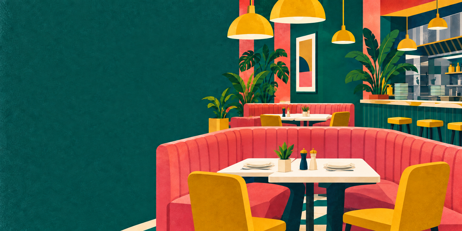Restaurant booth benches and white tables beneath golden lamps in a teal and pink interior