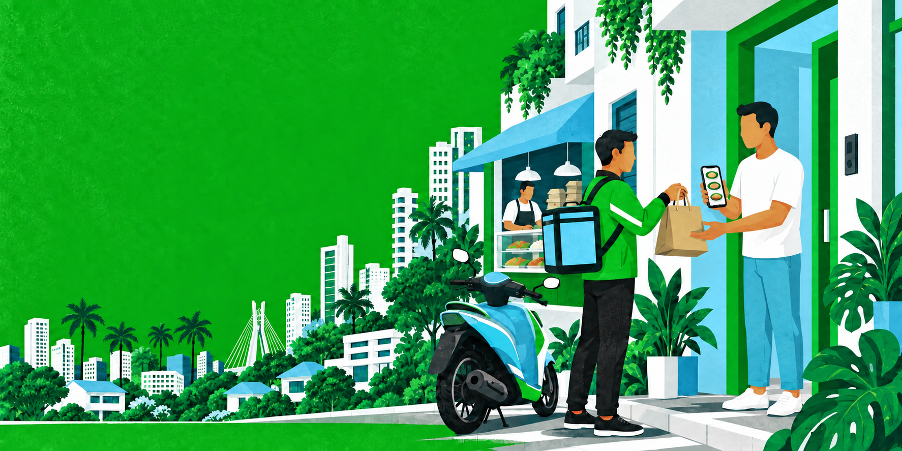 Faceless male rider delivering food to a male customer using a food-ordering app