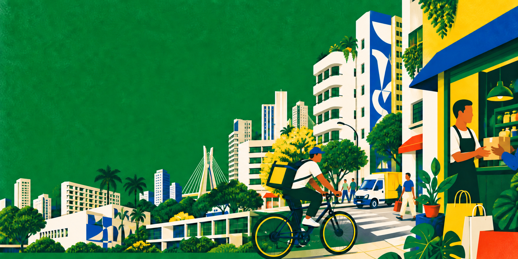 Brazilian modernist illustration of a Sao Paulo neighborhood, shops and parcel deliveries