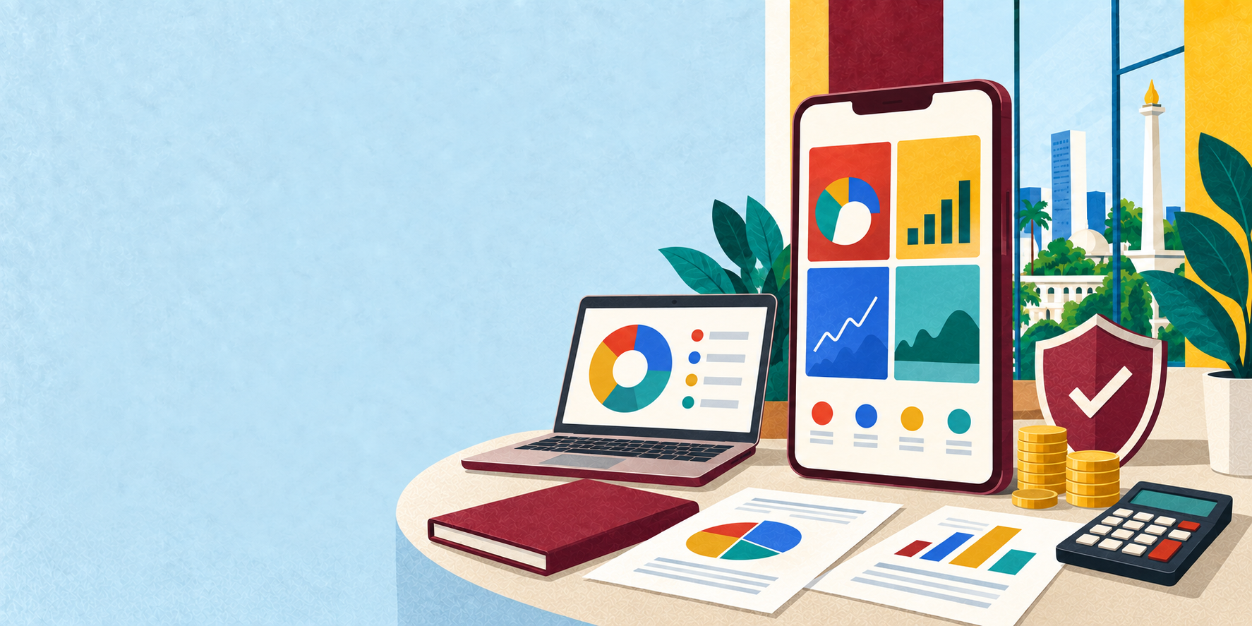 Investment app and laptop with four-color portfolio allocations, financial documents, coins and a security shield