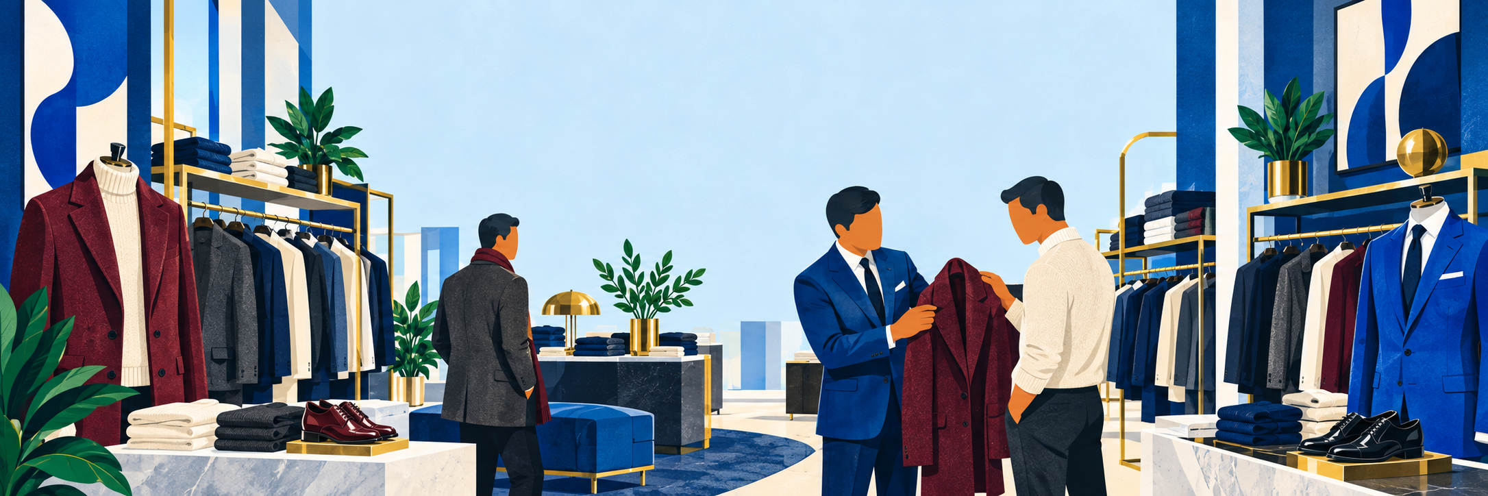 Faceless male shoppers and a sales associate selecting a coat in an elegant menswear boutique